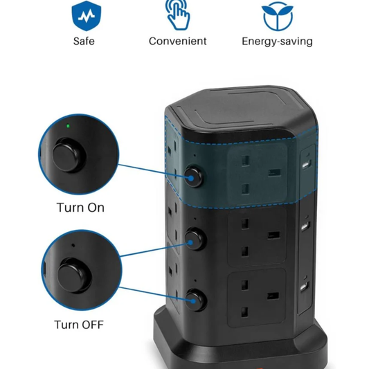 Tower Extension Lead by KOOSLA, [13A 3250W] Surge Protector - 12 AC Outlets & 6 USB Ports Multi Plug Socket Power Strip with Heavy