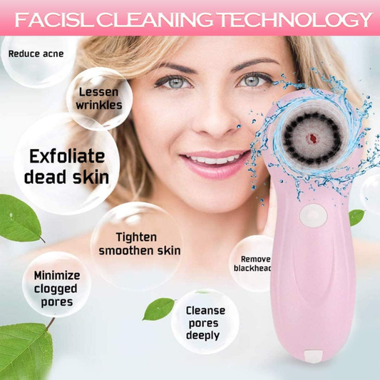 Electric Facial Cleansing Brush with 3 Brush Heads, Waterproof Face Spin Cleanser, Pink