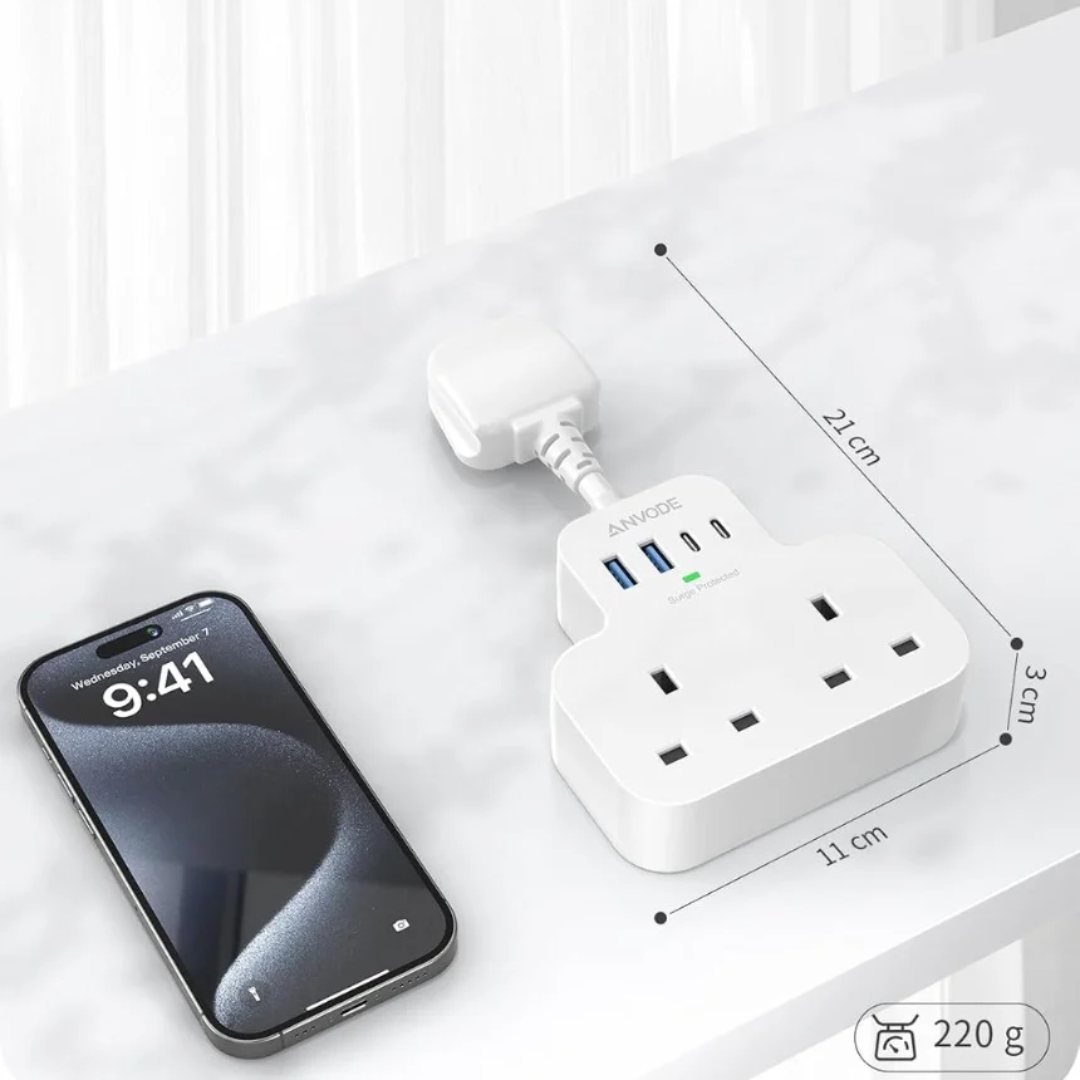 Multi Plug Extension Socket with 4 USB Ports, ANVODE 2 Way Plug Adaptor with Flexible Cable, Short Extension Lead Double Adapter Plug UK for Bedroom, Office..