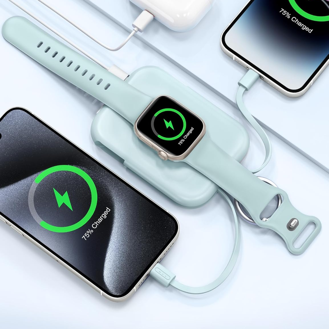 Portable Charger, 5000mAh Portable Charger Power Bank with Built-in Cables, Travel Keychain Battery Pack for iPhone Air/17/16/15/14/13/12, Apple Watch Ultra/11/10/9/8/7/6/SE, Purple