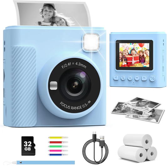 TIATUA Kids Instant Print Camera 1080P with 32GB Card – Blue (Ages 3–12)