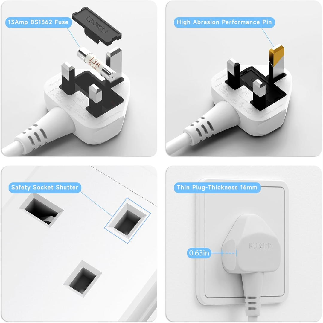 2 Way Extension Lead - Compact Corner Power Socket for Small Spaces