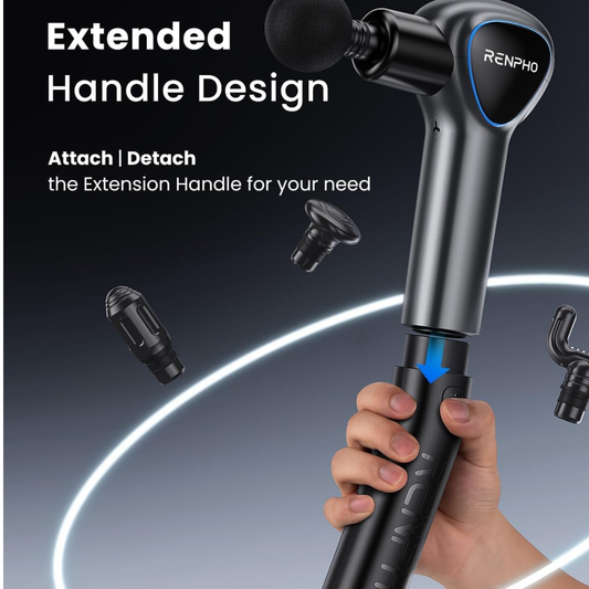 RENPHO Reach Handle Massage Gun – Mini Deep Tissue Massager, 5 Speed, 4 Heads, 3200RPM, Extension Handle (Black)