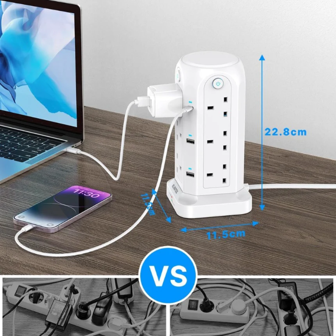 Tower Extension Lead with USB Slots【2 USB C & 4 USB A】, 1400J Surge Protected Extension Lead with Individual Switches