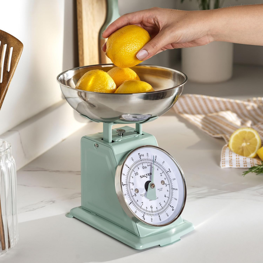 Salter Timeless Mechanical Kitchen Scale with Bowl – 5kg Capacity Analog Baking Scale, Sage Colour
