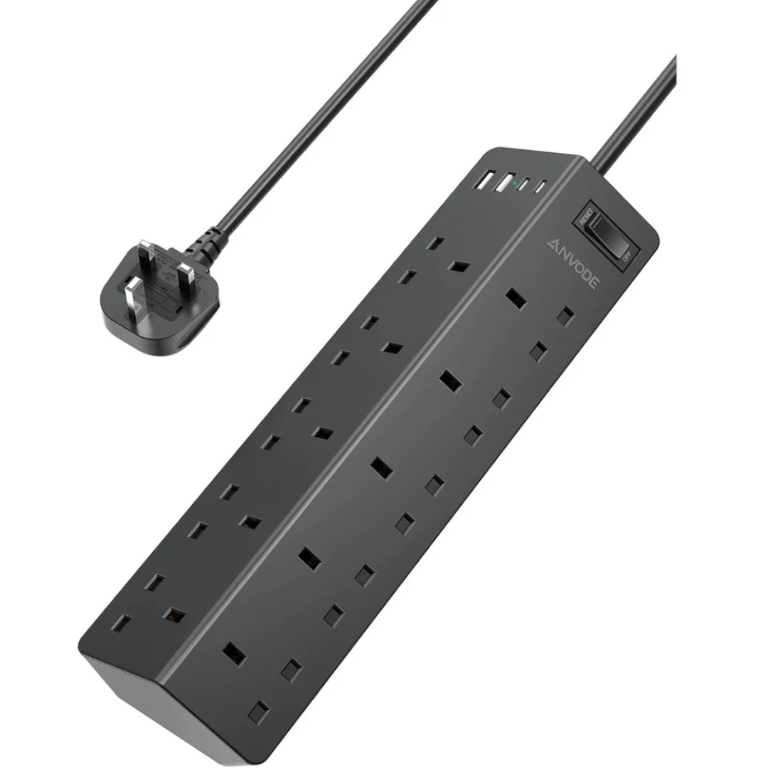 10 Way Extension Lead with USB Slots(2 USB C), ANVODE 14-IN-1 Plug Extension Socket with Switch