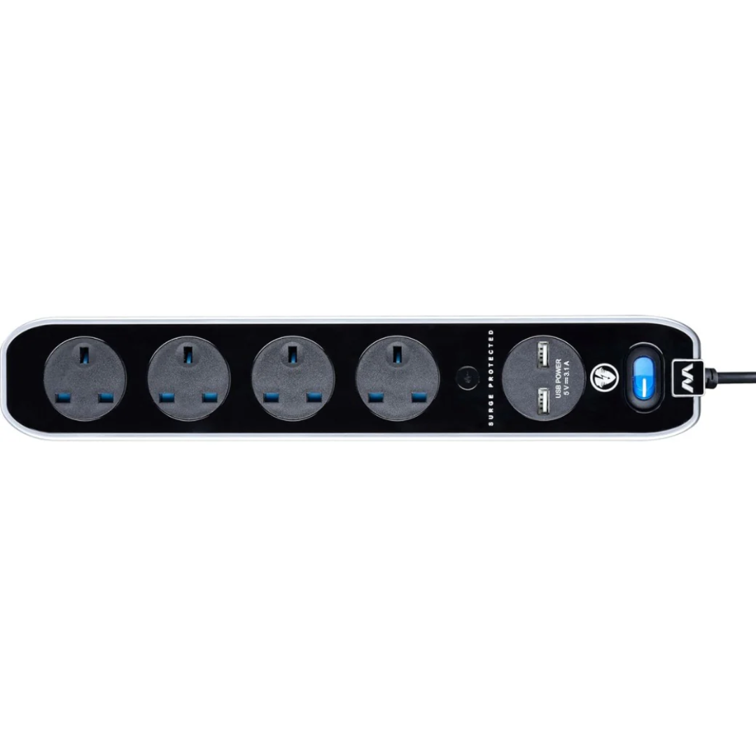 Masterplug Four Socket Switched Inline Power Surge Protected Extension Lead with Two USB Charging Ports, 2 Metres, Gloss Black