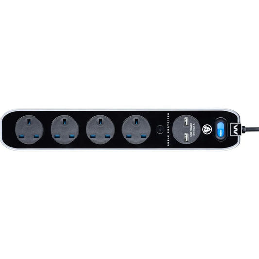Masterplug Four Socket Switched Inline Power Surge Protected Extension Lead with Two USB Charging Ports, 2 Metres, Gloss Black