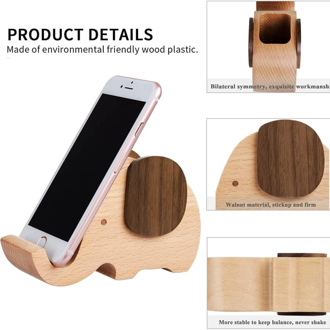 Elephant Pen Holder Phone Stand with Pencil Holder, Wooden Desk Organizer for Pens, Pencils, Office Supplies & Cute Workspace Decor