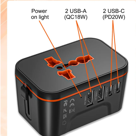 Universal Travel Adapter, All-in-One International Power Plug with Multi-Country Compatibility & USB Charging Ports