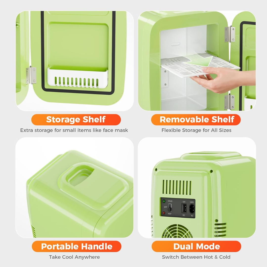 YASHE Mini Fridge, 4 Liter/6 Cans Portable Cooler and Warmer, AC/DC Power Small Fridge, Quiet Desk Skincare Fridge for Beauty Drinks Medicine, Mini Fridge for Bedrooms Office Dorm Car Travel, Green