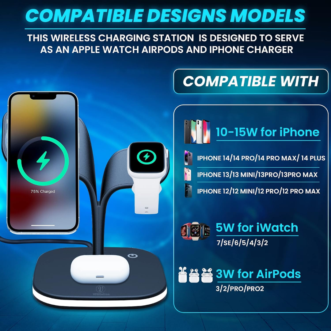 5-in-1 Magnetic Wireless Charger Station - 15W Fast Charging Dock with LED Lamp