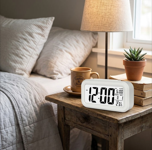 DTL Digital Alarm Clock LED Display with Snooze Function, Temperature Display and Adjustable Brightness