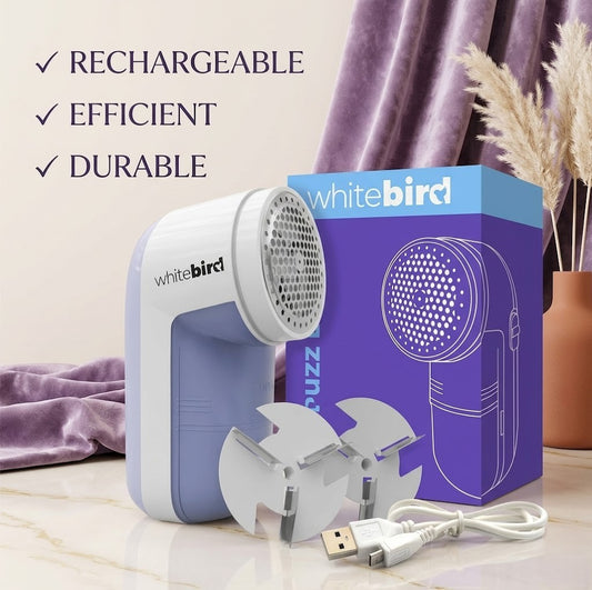 The Fuzz Buster By White Bird Rechargeable Handheld Electric Lint Remover Portable Fabric Shaver Bobble Remover De Bobble For Jumpers Sofas and Clothes With Spare Blade. No Batteries Required