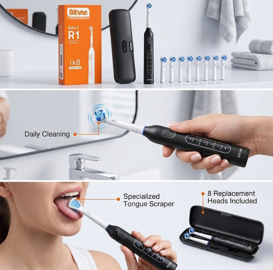 Bitvae Rotating Electric Toothbrush with 8 Brush Heads for Adults and Kids, Travel Case, 5 Modes Rechargeable Power Toothbrush with 2-Minute Smart Timer, 60-Day Battery Life, Black