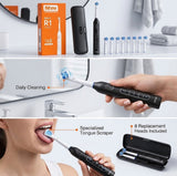 Bitvae Rotating Electric Toothbrush with 8 Brush Heads for Adults and Kids, Travel Case, 5 Modes Rechargeable Power Toothbrush with 2-Minute Smart Timer, 60-Day Battery Life, Black
