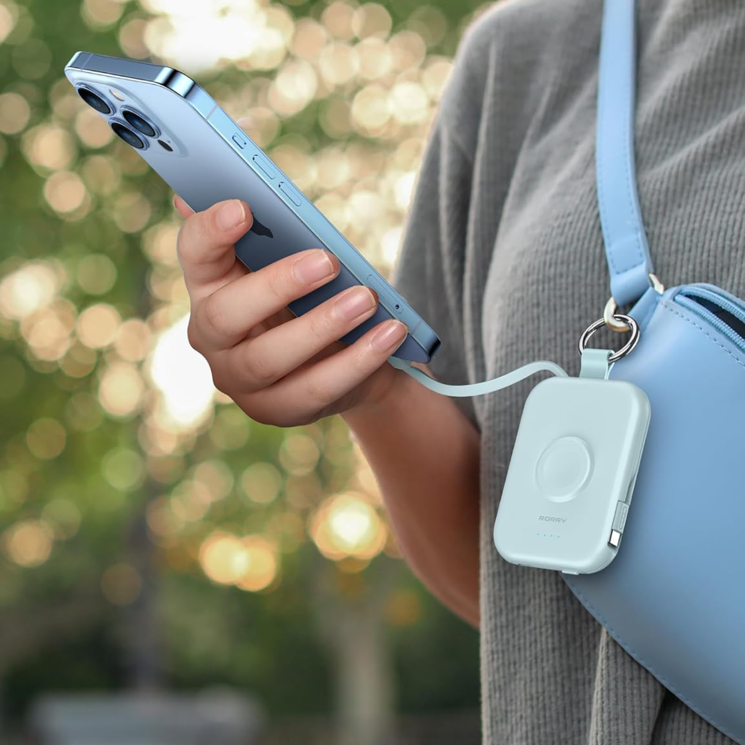 Portable Charger, 5000mAh Portable Charger Power Bank with Built-in Cables, Travel Keychain Battery Pack for iPhone Air/17/16/15/14/13/12, Apple Watch Ultra/11/10/9/8/7/6/SE, Purple