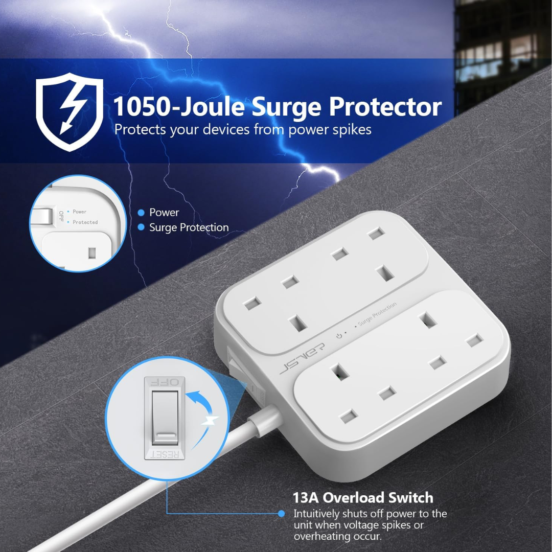 JSVER Extension Lead with USB  4 Way Surge Protector Power Strip with USB-C & 3 USB Ports