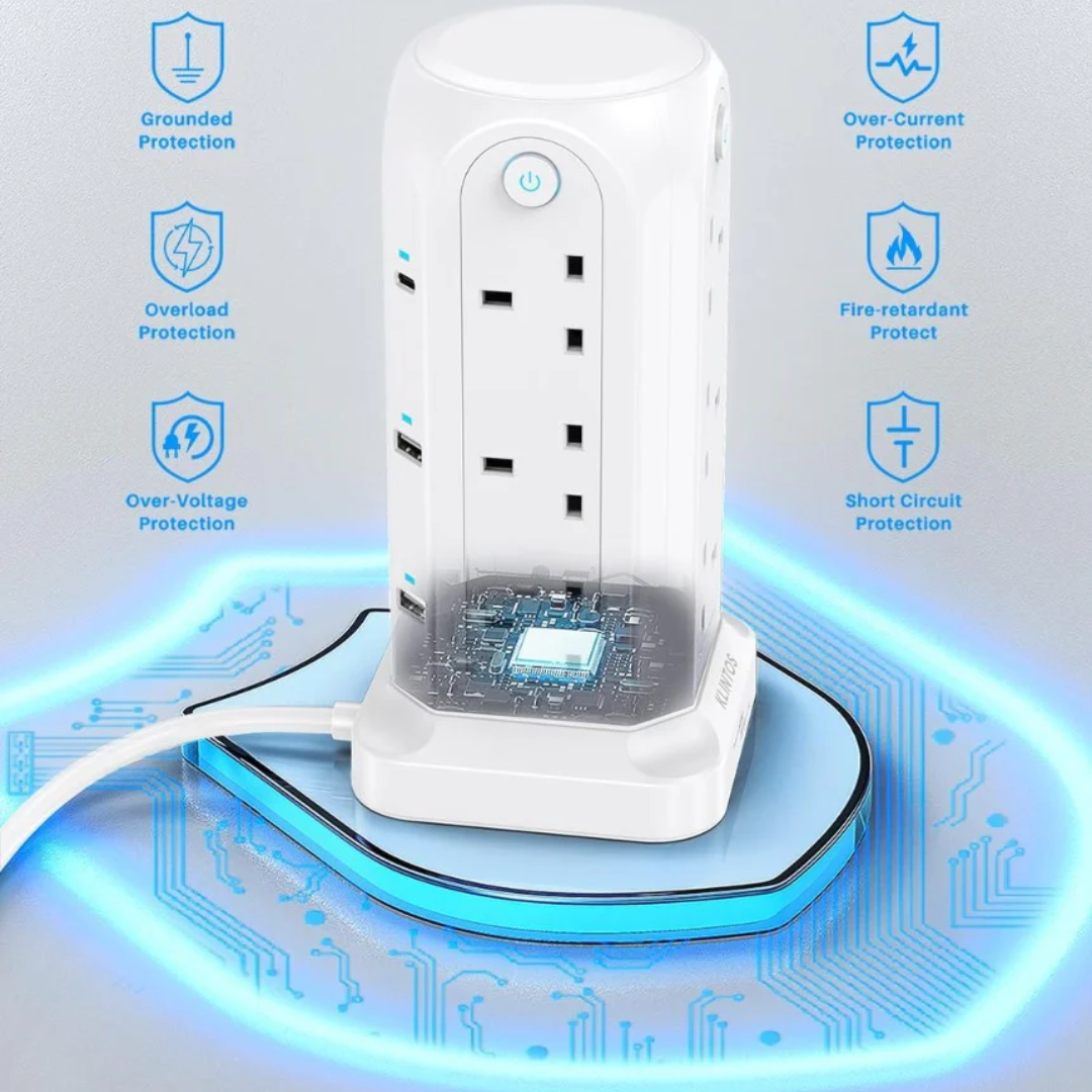 Tower Extension Lead with USB Slots【2 USB C & 4 USB A】, 1400J Surge Protected Extension Lead with Individual Switches