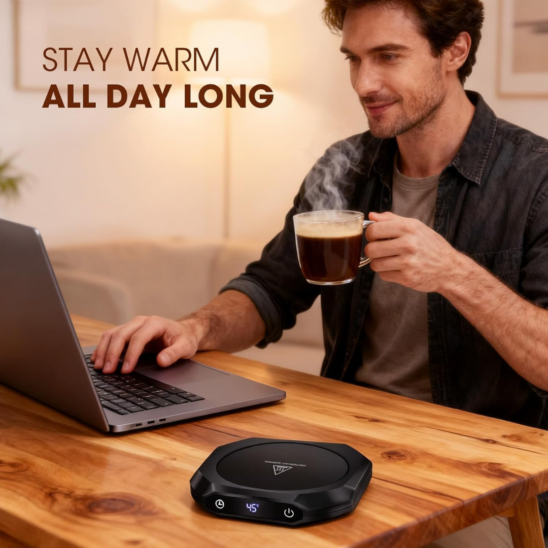 MQUPIN Mug Warmer for Desk – 3 Temp Settings (55°C/65°C/75°C), Auto Shut-Off 1–12H, Coffee Tea & Milk Warmer for Office & Home Use
