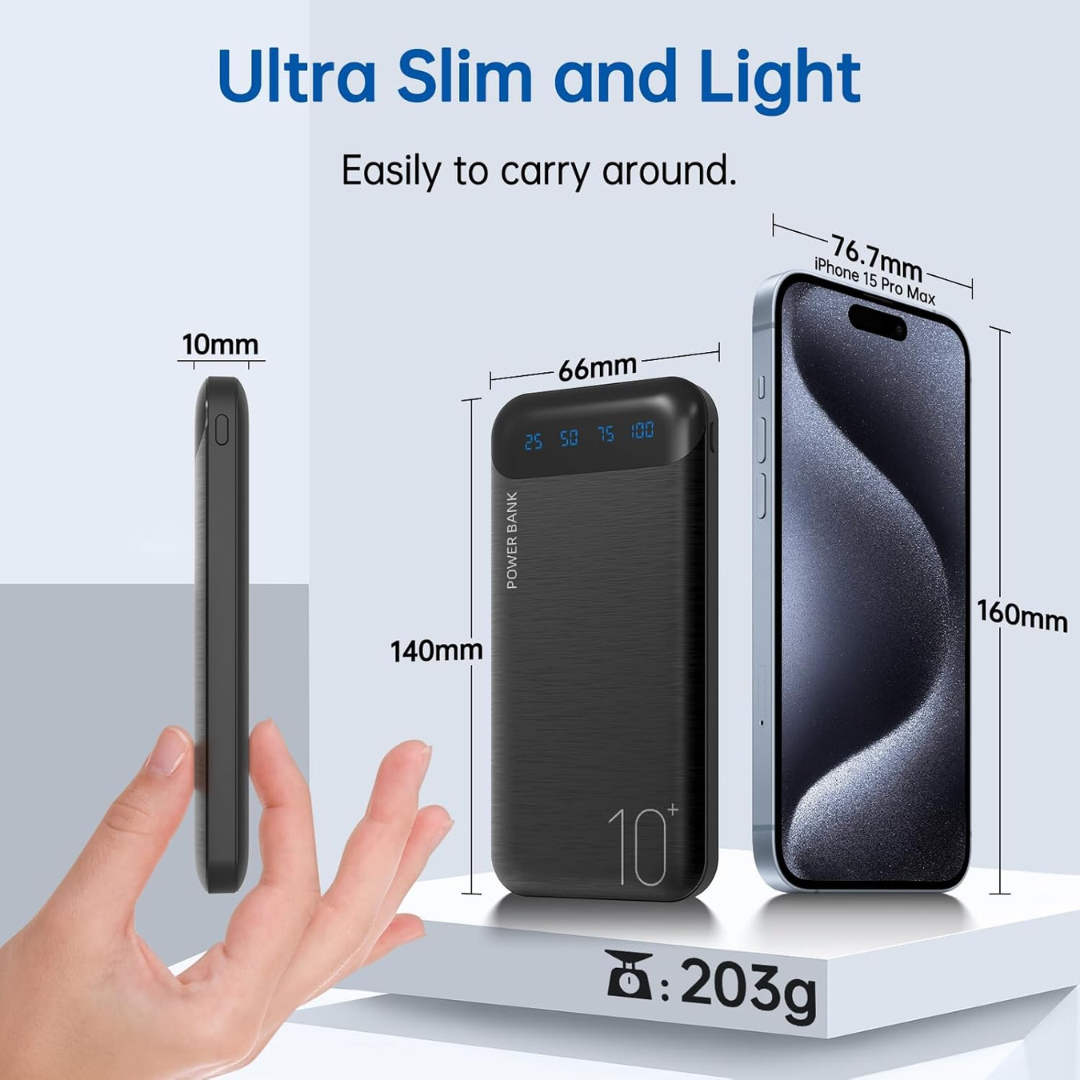 10000mAh Slim Power Bank with USB-C Input & Output | Fast Charging Portable Charger with LED Display for iPhone, Samsung & Tablets
