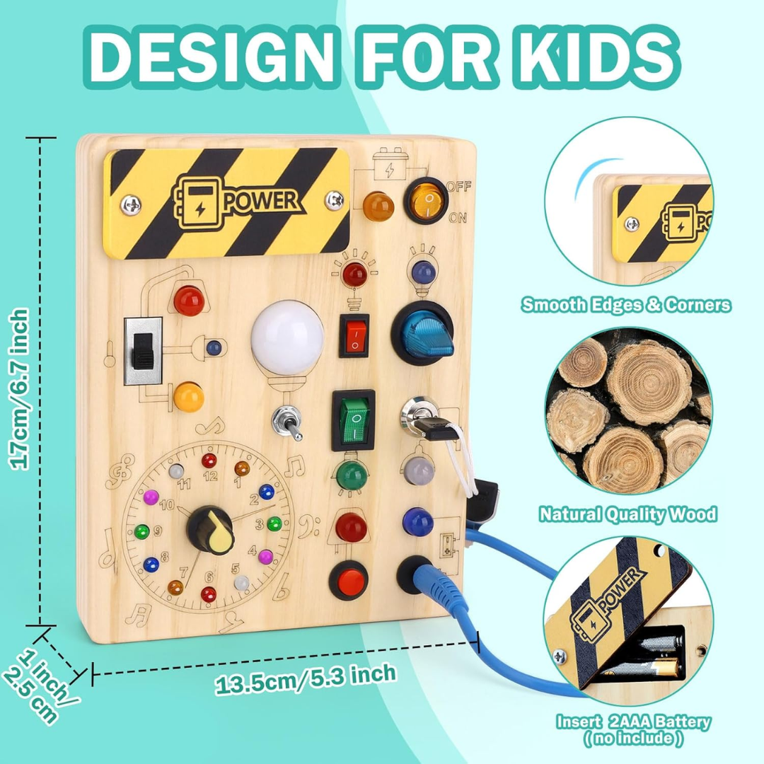 Montessori Busy Board for Toddlers – Wooden Activity Sensory Toy with 10 Switches & 23 LED Lights (Ages 1–4)