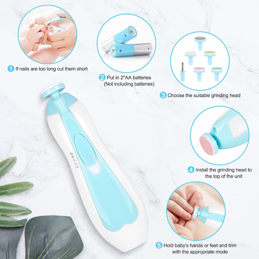 Qunlions Life 8-in-1 Baby Electric Nail File – Safe Baby Nail Trimmer Kit with 6 Grinding Heads & LED Light (Blue)