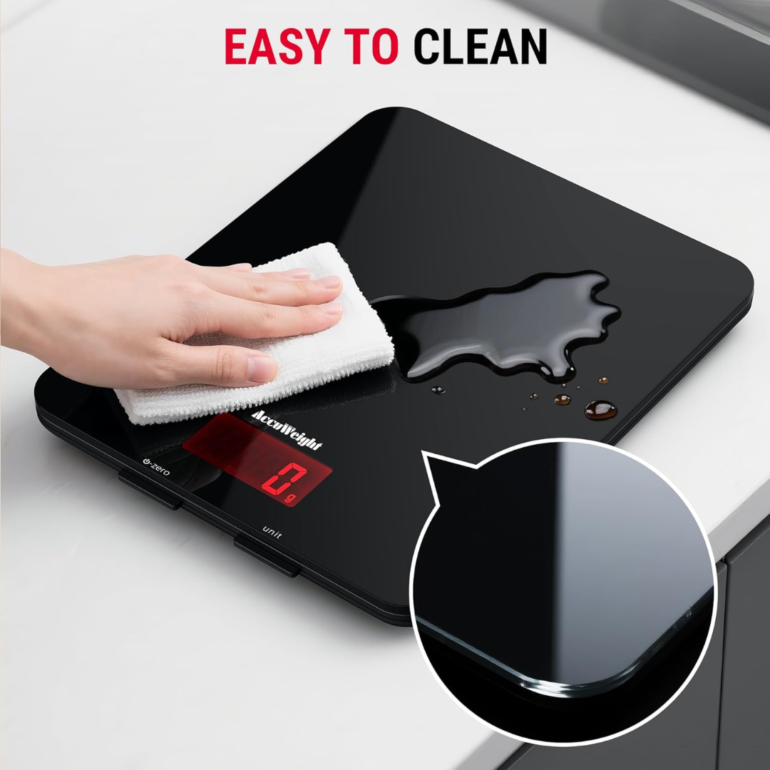 ACCUWEIGHT 201 Digital Kitchen Scale, 5kg/11lb, Glass Platform, Backlit LCD, Food & Baking Scale (Batteries Included)