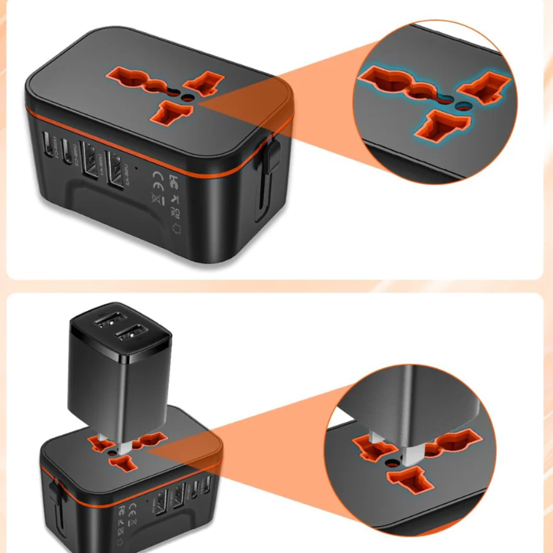Universal Travel Adapter, All-in-One International Power Plug with Multi-Country Compatibility & USB Charging Ports