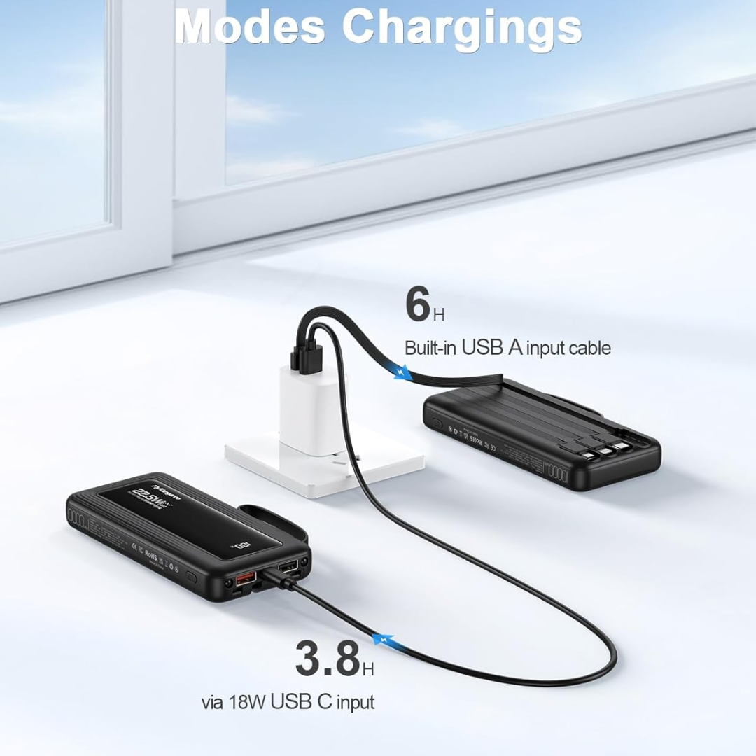 10000mAh Fast Charging Power Bank with Built-In Cables & LED Display | Portable USB-C Battery Pack for iPhone & Android
