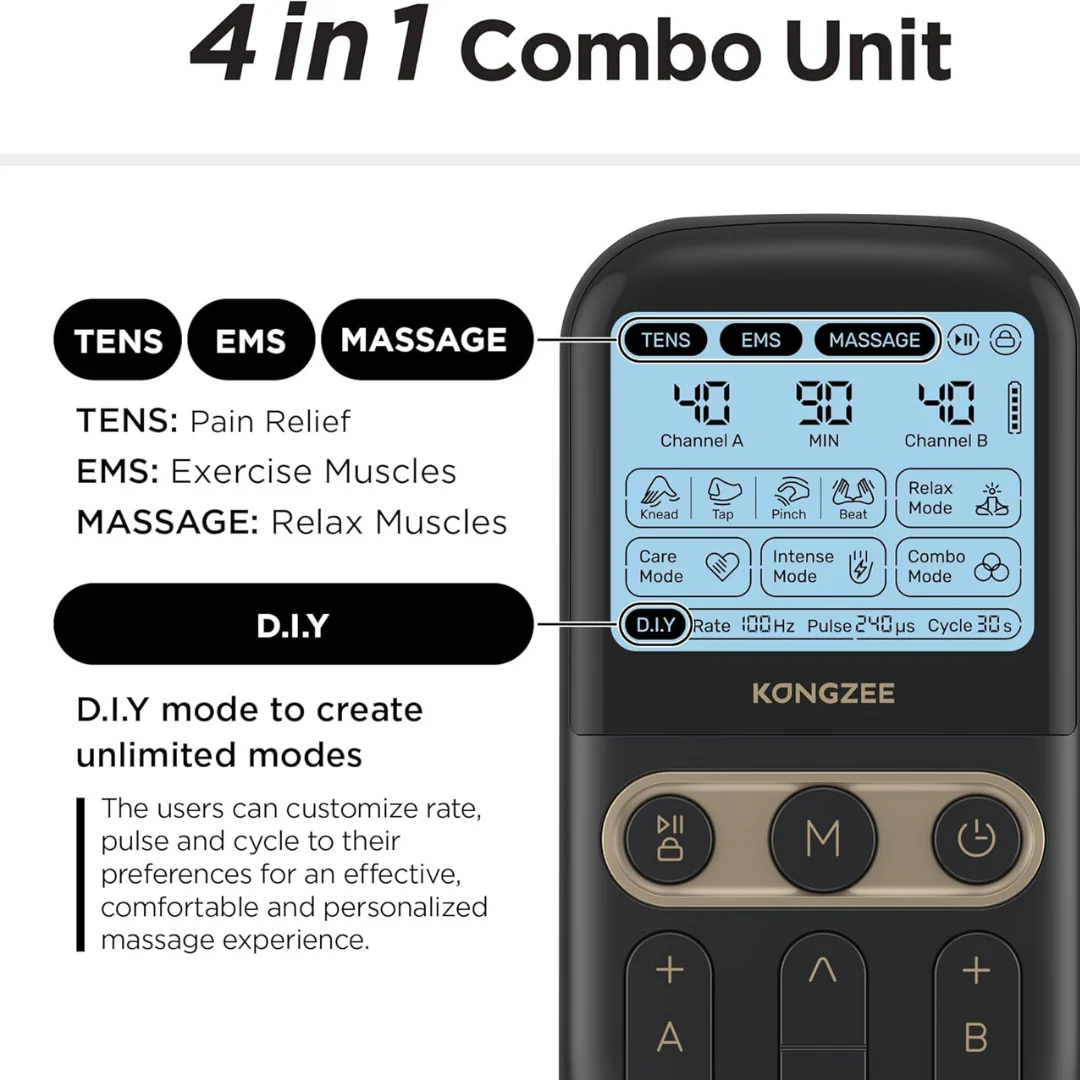4-in-1 TENS & EMS Muscle Stimulator – Dual Channel Pain Relief Massager with 12 Electrode Pads (Rechargeable)