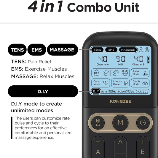 4-in-1 TENS & EMS Muscle Stimulator – Dual Channel Pain Relief Massager with 12 Electrode Pads (Rechargeable)