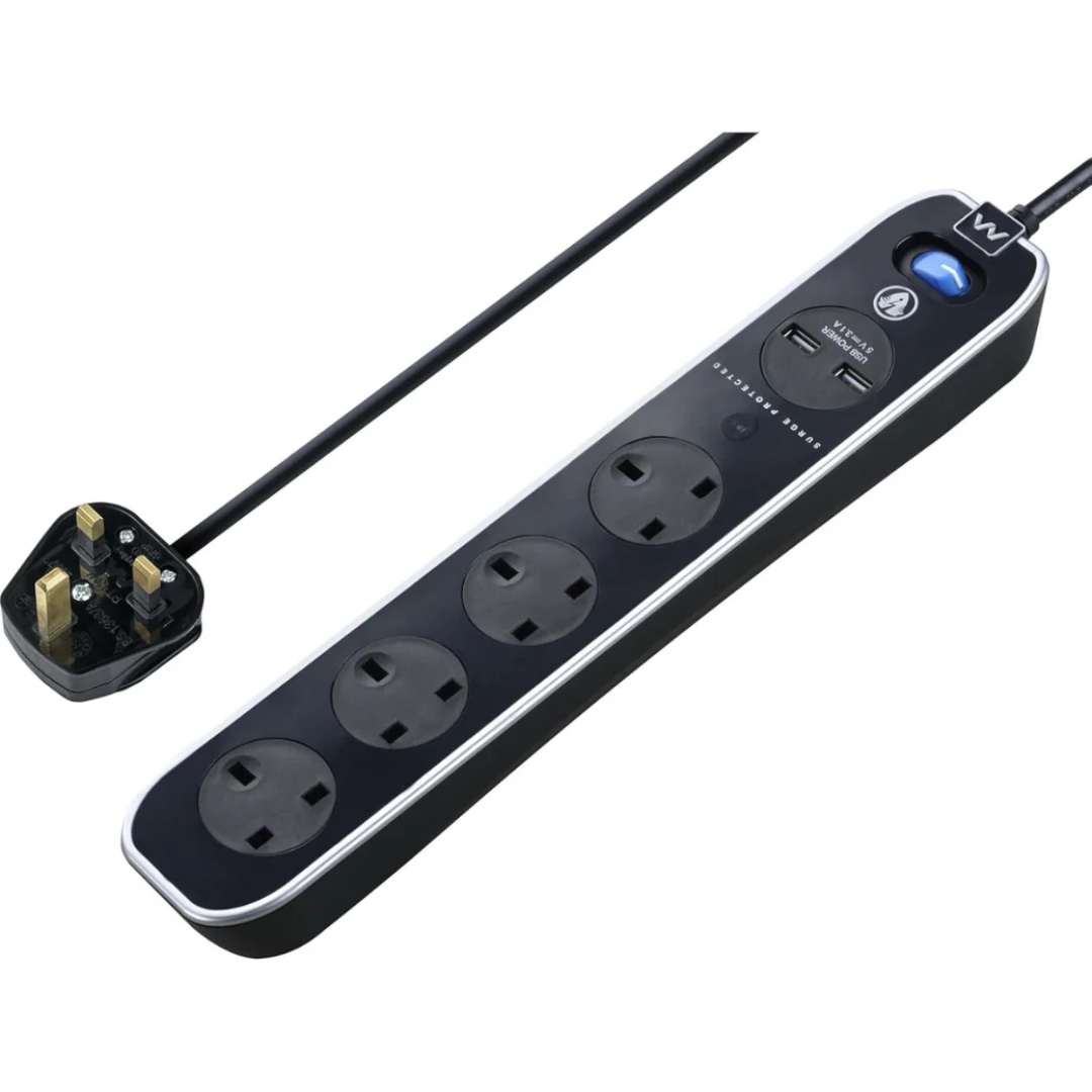 Masterplug Four Socket Switched Inline Power Surge Protected Extension Lead with Two USB Charging Ports, 2 Metres, Gloss Black