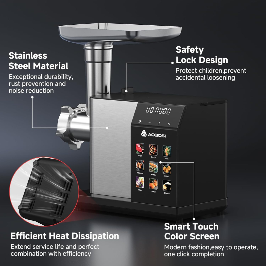 AAOBOSI 3000W Max Electric Meat Grinder, 9-Speed & 9 Preset Modes, Non-Clogging System with Sausage, Kubbe Maker & Grater Kit for Home Kitchen Use