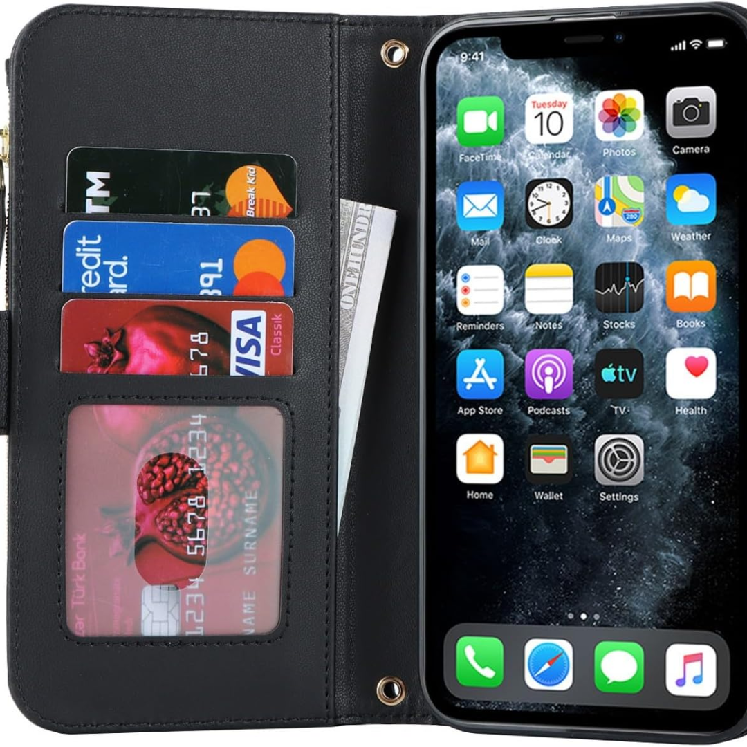 Zouzt for iPhone 11 Wallet Case for Women, Purse with Credit Card Holder Slots Crossbody Lanyard Strap Zipper Flip Book Shockproof Protective Phone Cover for Apple 11 6.1 Inch (Pink)