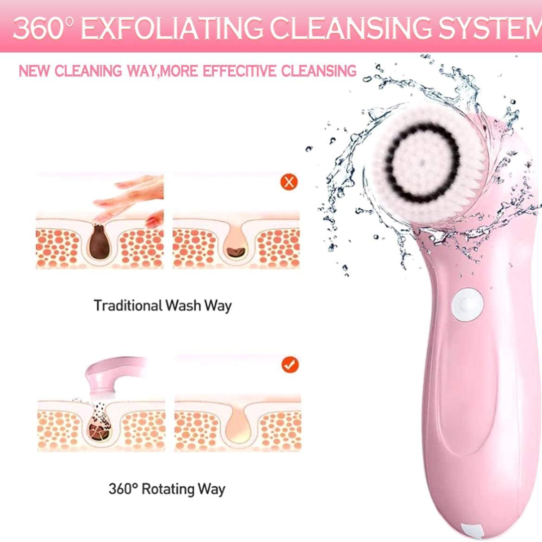 Electric Facial Cleansing Brush with 3 Brush Heads, Waterproof Face Spin Cleanser, Pink