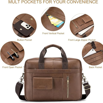 Leather Laptop Briefcase for Men  15.6" Business Work Bag with Shoulder Strap