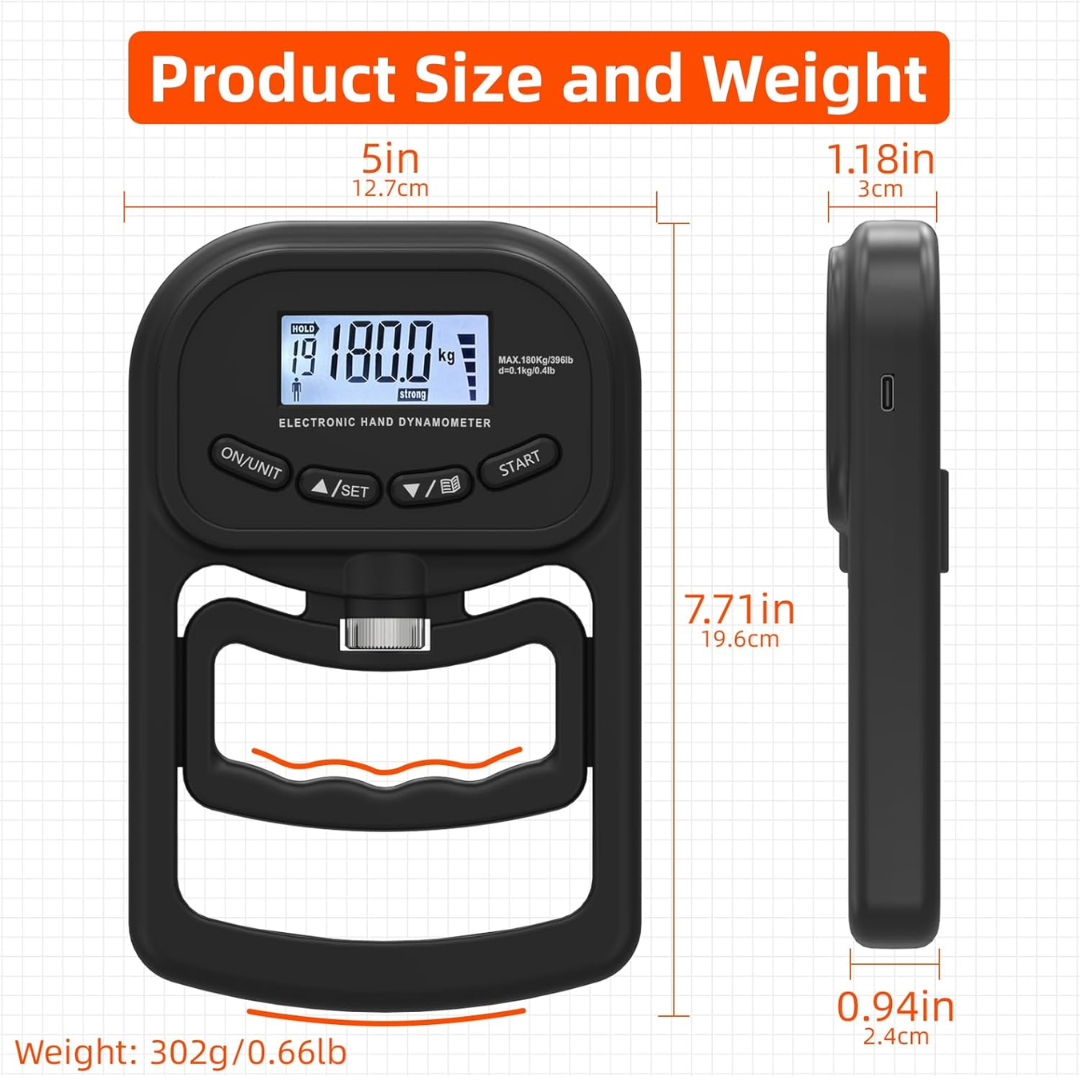 396lbs/180kg Digital Grip Strength Trainer – Rechargeable Hand Dynamometer with LCD Display, Adjustable Grip Strength Tester