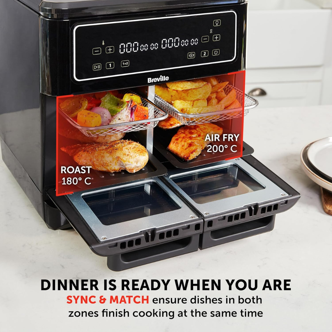 Breville Halo Flexi 11L Dual Air Fryer Oven VDF130, 2400W Digital Air Fryer, Fry Bake Grill Roast & Reheat, Serves 10+ People, Black