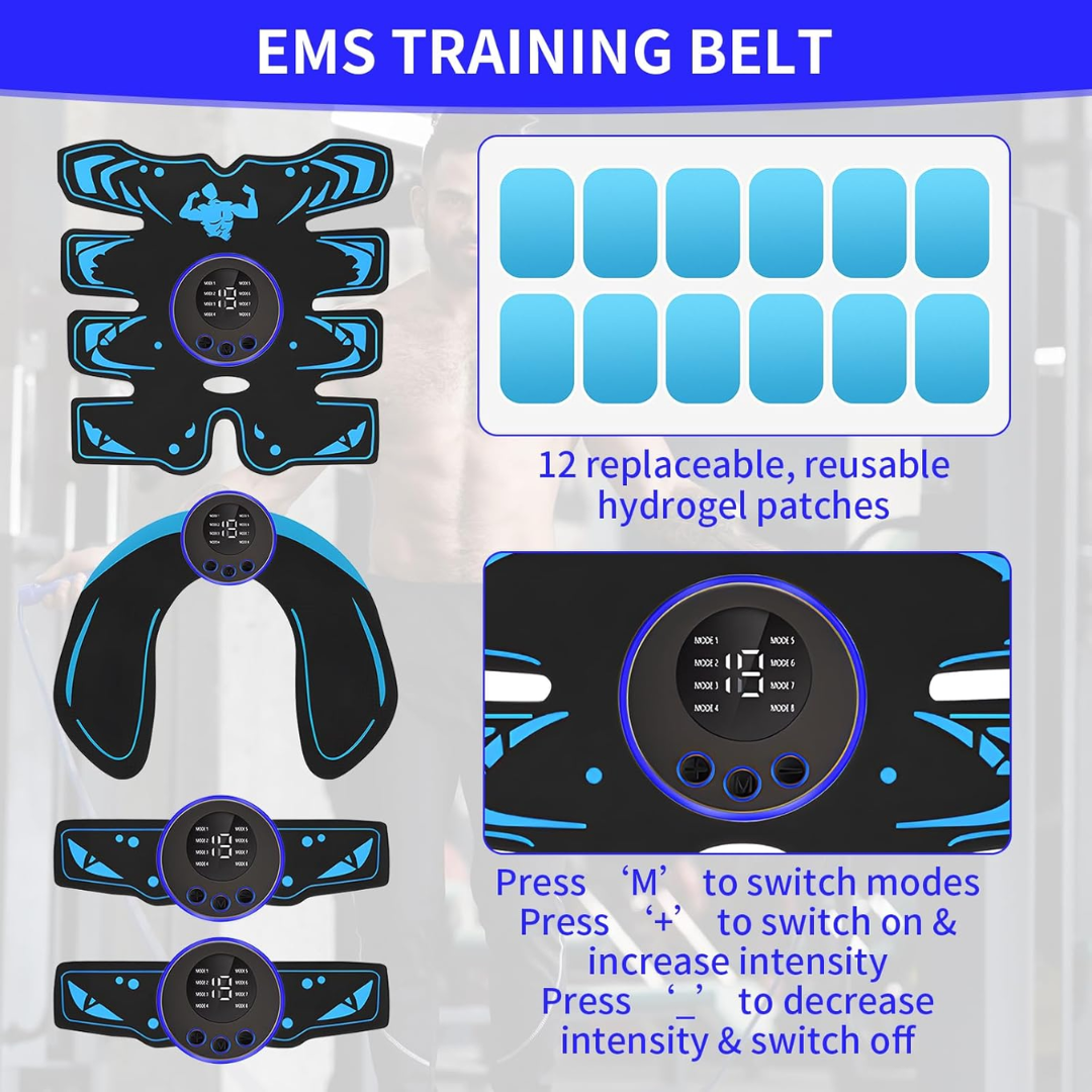 EMS ABS Muscle Stimulator – Abdominal Trainer for Waist, Arms & Legs with 8 Modes & 19 Intensities