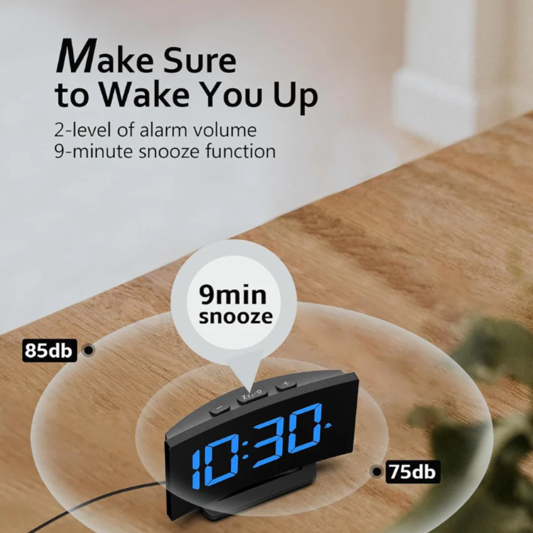 Digital Alarm Clock for Bedrooms with Modern Curved Design, LED Display, Snooze Function and Adjustable Brightness
