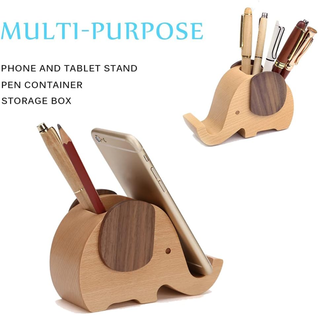 Elephant Pen Holder Phone Stand with Pencil Holder, Wooden Desk Organizer for Pens, Pencils, Office Supplies & Cute Workspace Decor