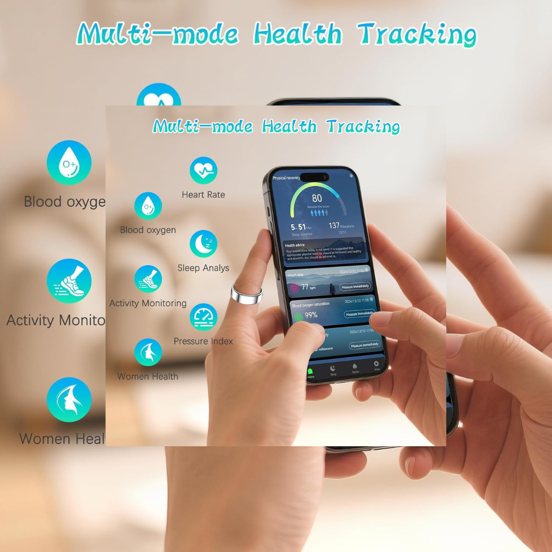 Smart Health Ring – Sleep, Heart Rate & Blood Oxygen Tracking, Waterproof Fitness Ring, Android & iOS (Size #10)