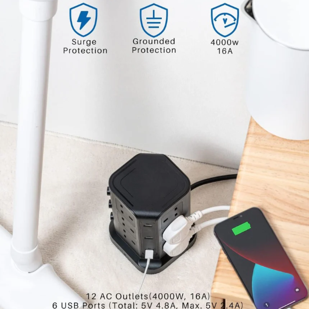 Tower Extension Lead by KOOSLA, [13A 3250W] Surge Protector - 12 AC Outlets & 6 USB Ports Multi Plug Socket Power Strip with Heavy
