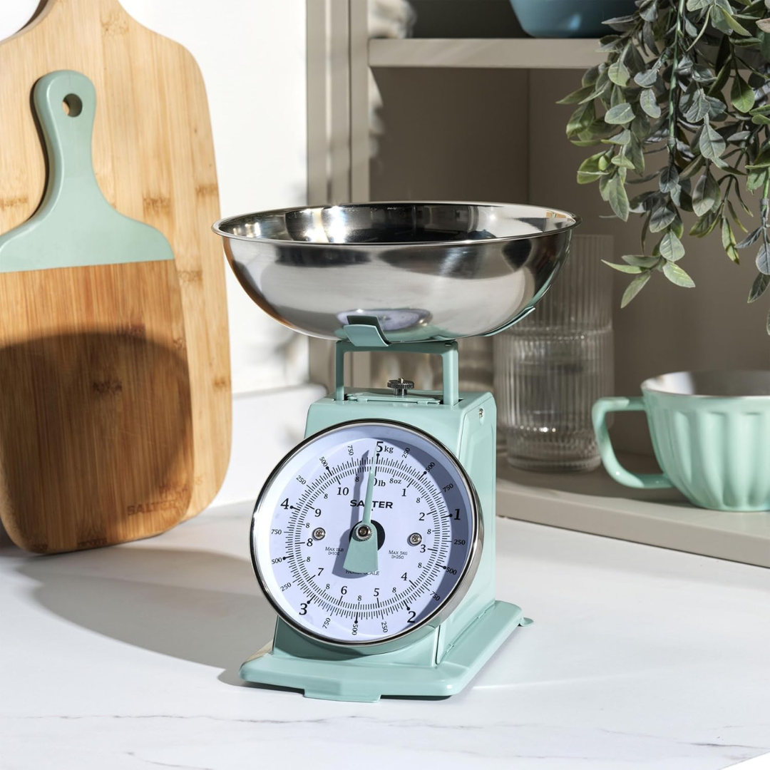 Salter Timeless Mechanical Kitchen Scale with Bowl – 5kg Capacity Analog Baking Scale, Sage Colour