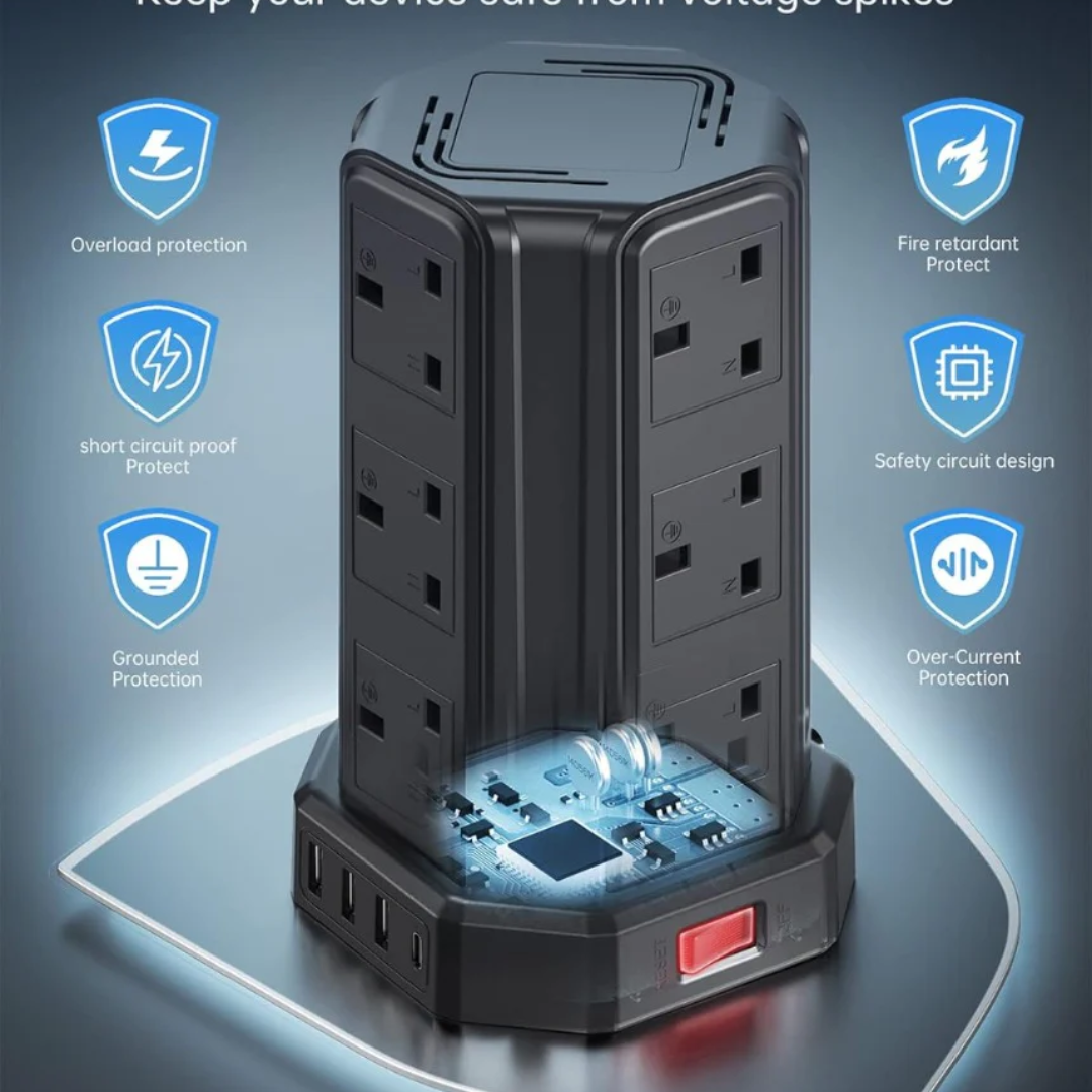 Extension Lead 5M, [13A 3250W] 12 Way Tower Extension Lead Multi Plug Extension Sockets with 4 USB Slots