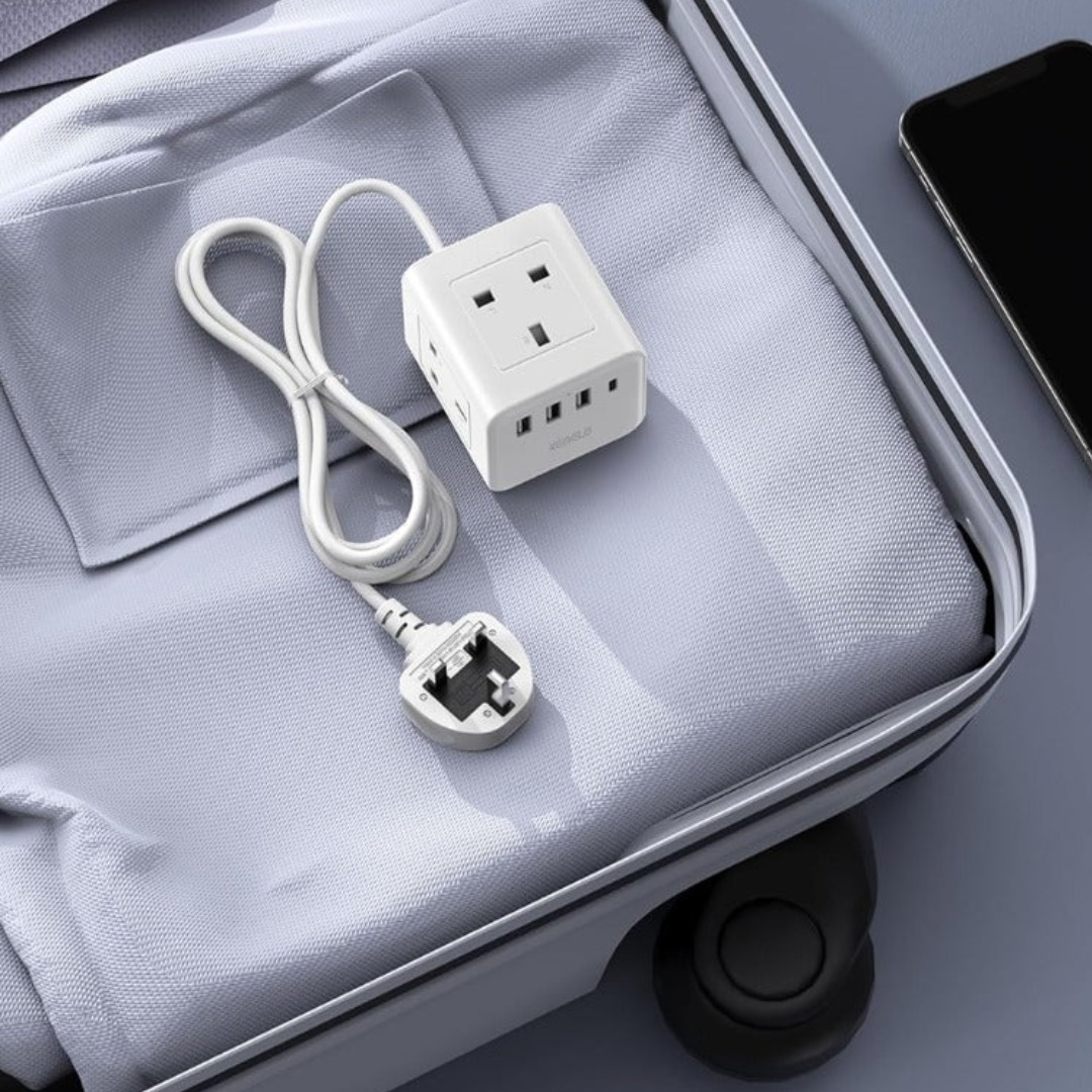Cube Extension Lead with 4 USB Slots, Kemelo 4 Way (13A/3250W) Multi Plug Extension Cable with Child Safety UK Desktop Power Extension Socke