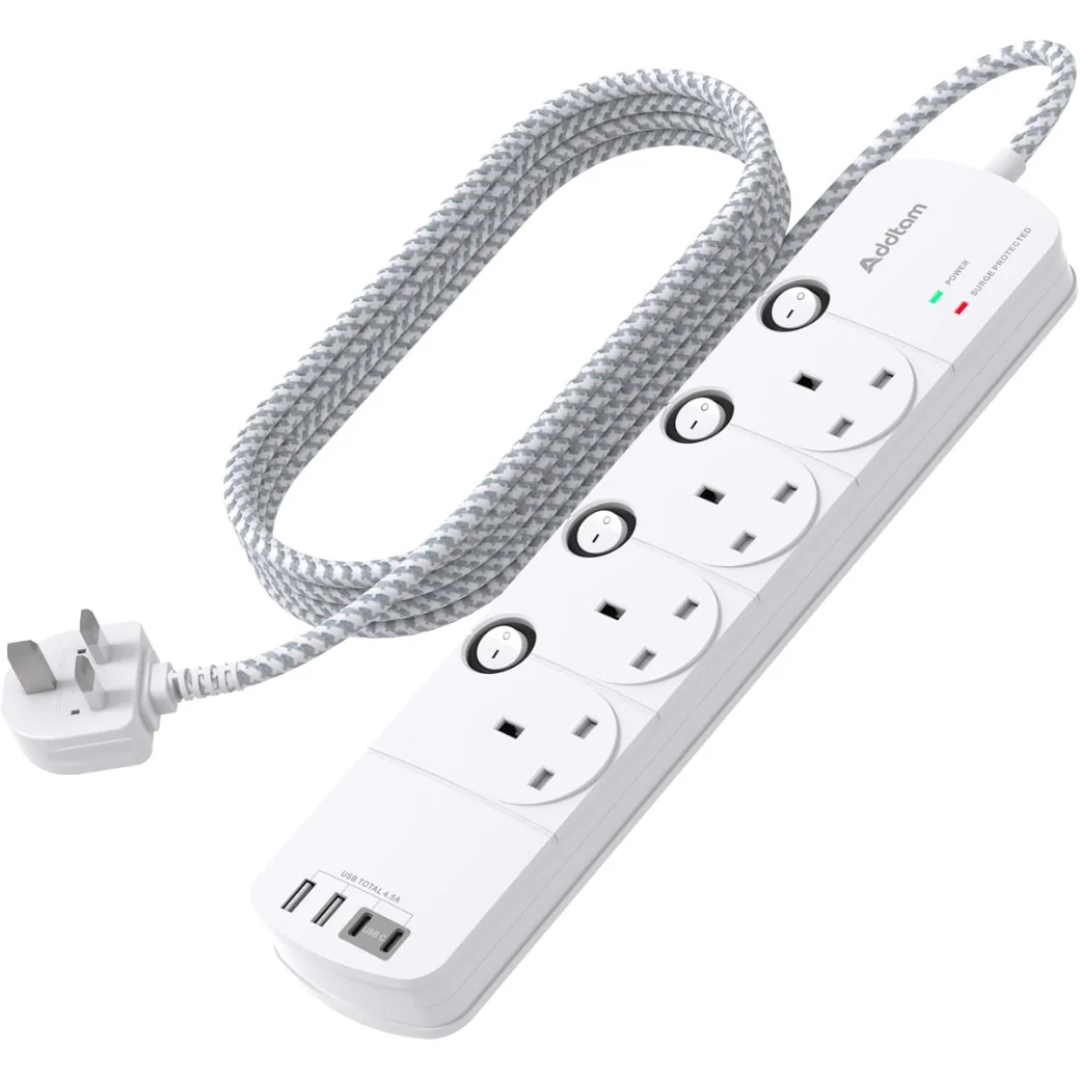 1.8M Extension Lead, 4 Way Socket Outlets Power Strips with 4 USB (2 Type C & 2 USB