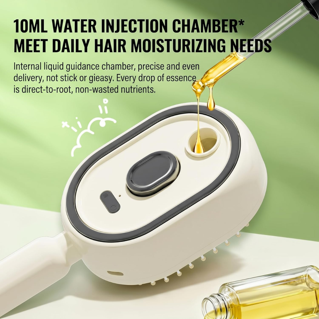 Electric Steam Hair Brush with Water Spray & Essential Oil Mist – Anti-Static Detangling Comb (Beige)