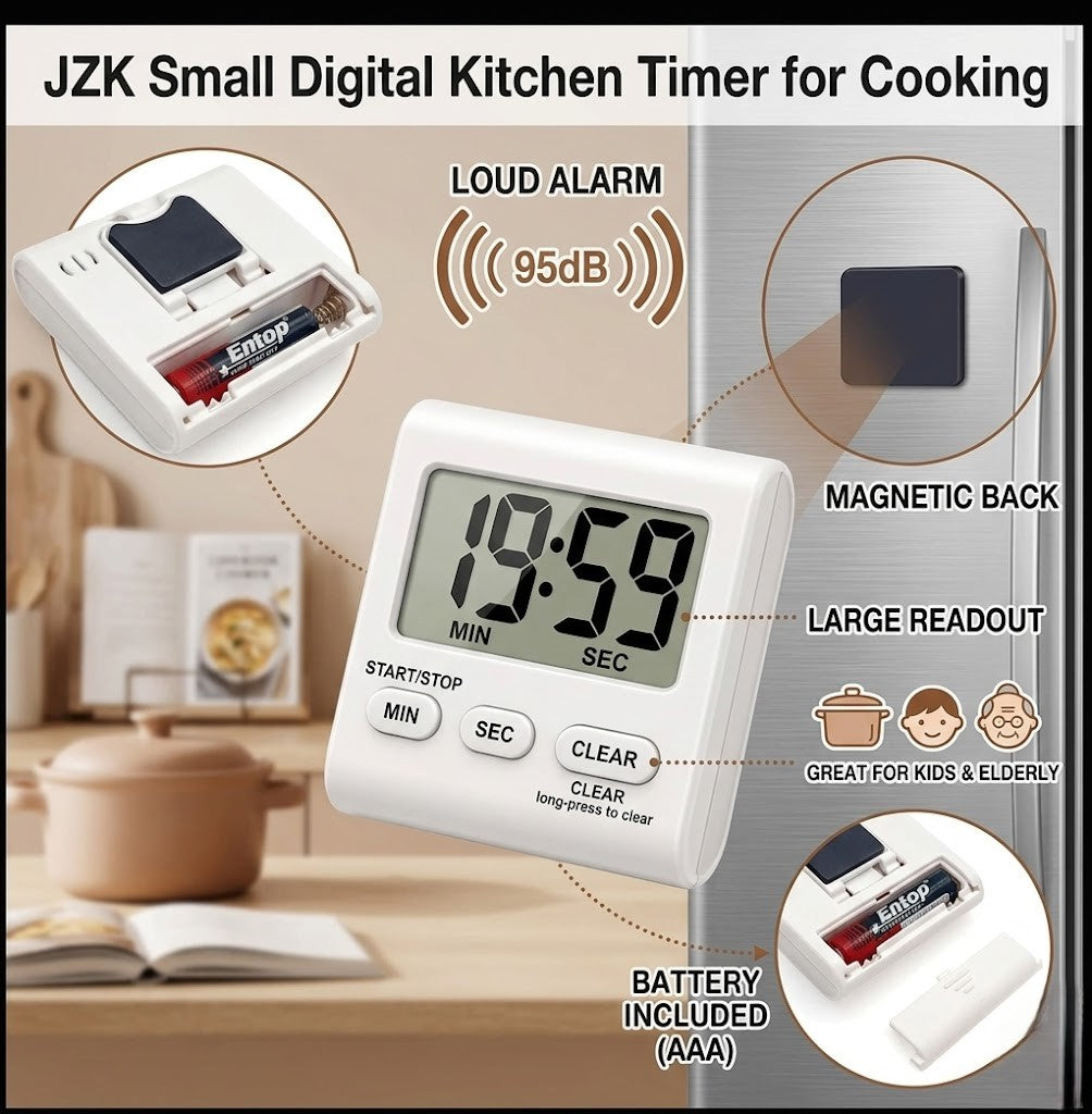 JZK Small Digital Kitchen Timer for Cooking, Magnetic Loud Alarm Timer for Kitchen, Easy Electronic Timer for Kids & Elderly, White